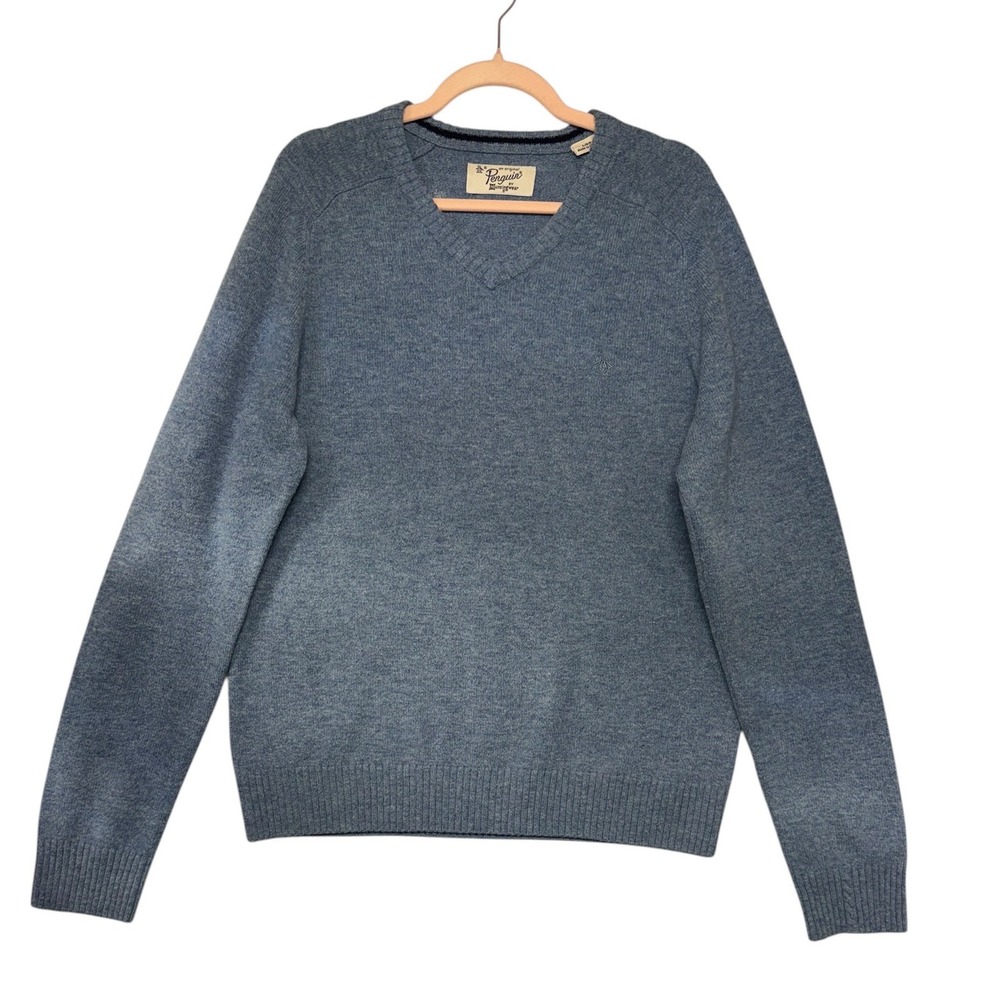 Original Penguin Mens V-Neck Sweater Large Blue Heather Raglan Knit Pullover